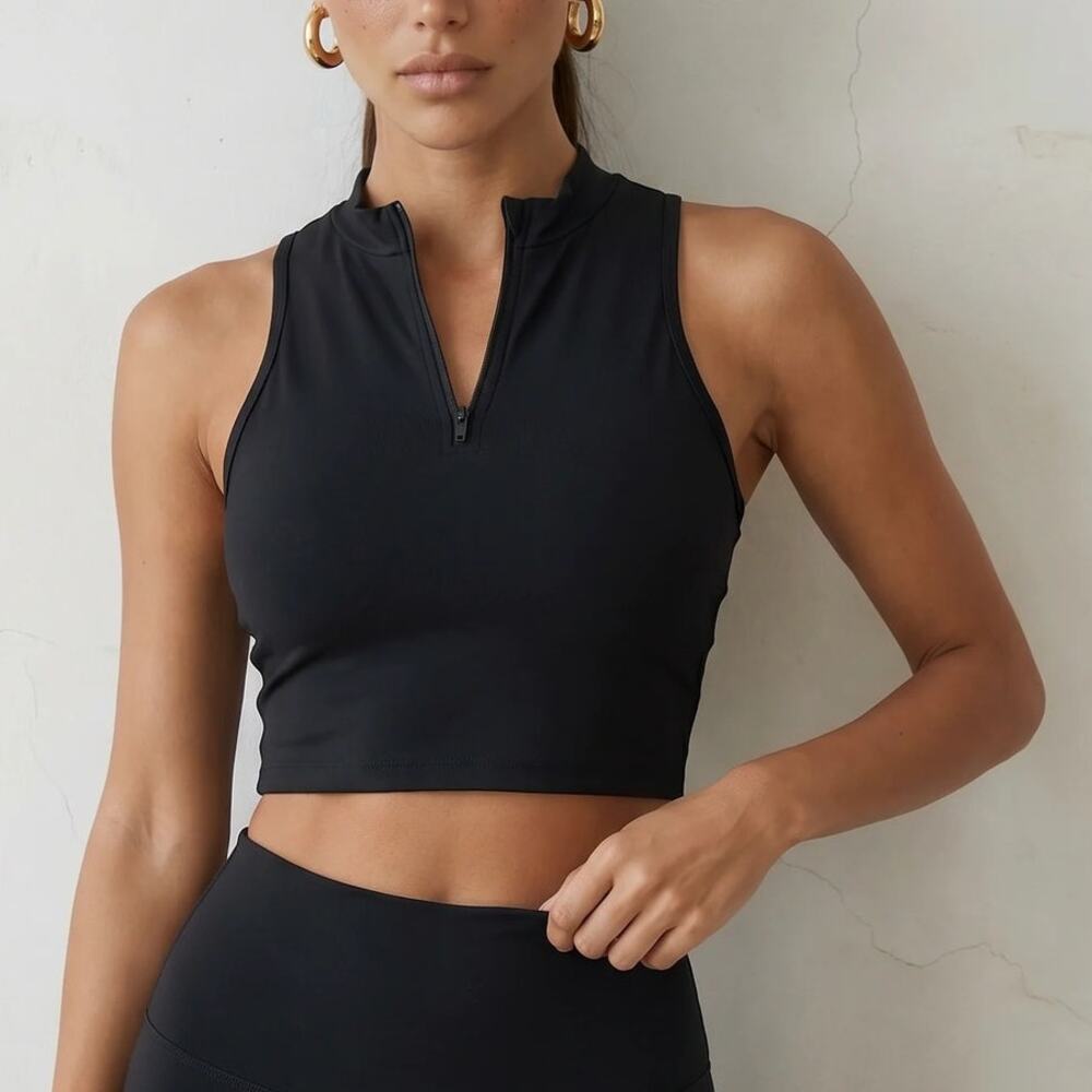 NEW WRE Black Classic Zip Crop Top Built-in Bra Support Women's Lg